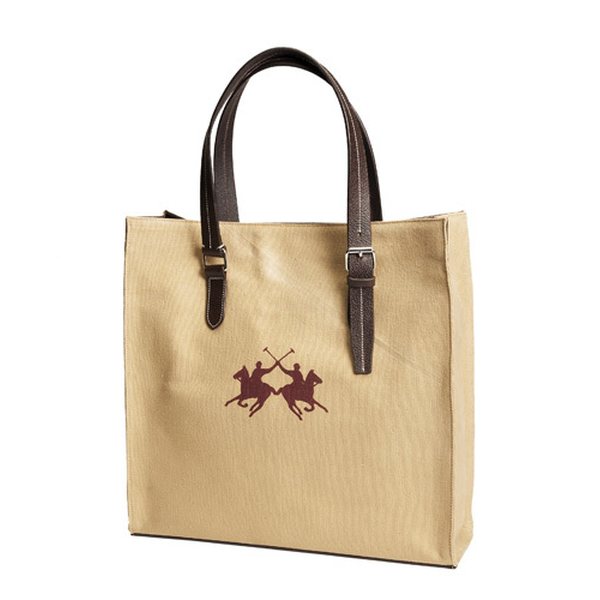 Horse Comfort Shopper bag polo in canvas & leather, beige